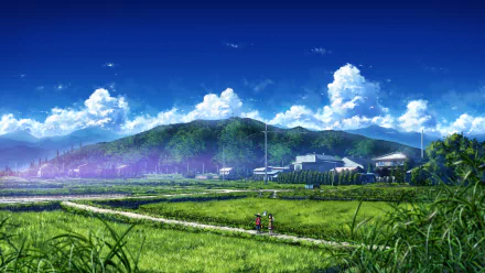 A serene anime landscape featuring lush grass, a quaint house, and mountains under a vibrant blue sky filled with fluffy clouds. This HD artwork serves as a captivating desktop wallpaper.