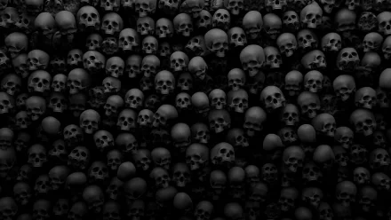 HD desktop wallpaper featuring a dark, eerie background with numerous lifelike skulls densely packed together.