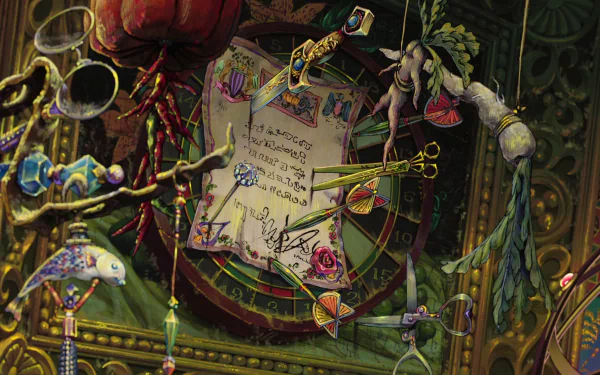 A detailed HD wallpaper inspired by Howl's Moving Castle, showcasing an intricate arrangement of magical artifacts, charms, and a handwritten note surrounded by vibrant colors.