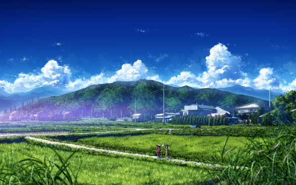 Anime Original Mountain Sky Cloud House Grass Landscape HD Wallpaper | Background Image