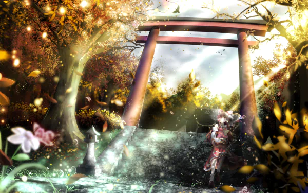 A serene anime landscape featuring Reimu Hakurei amidst vibrant trees, a torii gate, and a sunlit sky, showcasing the beauty of nature in a captivating HD wallpaper.