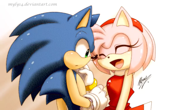 A vibrant HD wallpaper featuring Amy Rose and Sonic the Hedgehog from the video game series, showcasing their playful interaction and iconic designs.