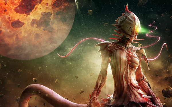 HD anime desktop wallpaper from Knights of Sidonia featuring a detailed alien-like figure against a cosmic backdrop with a large, glowing planet.