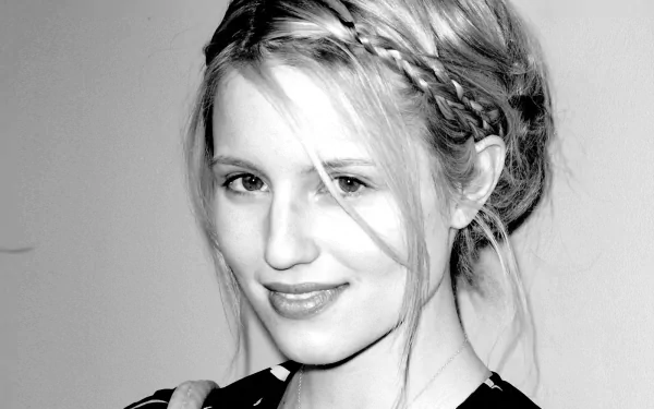 Black-and-white HD desktop wallpaper featuring celebrity Dianna Agron with braided hair and a soft smile against a plain background.