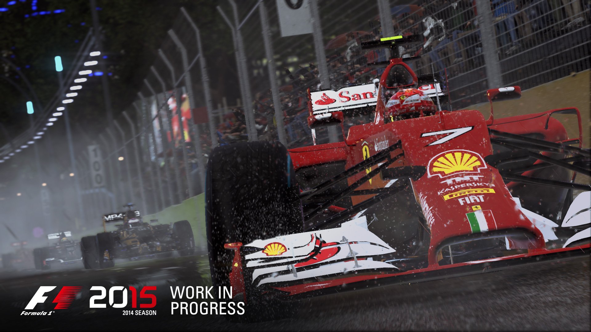 HD wallpaper featuring a dynamic scene from the F1 2015 season with a Ferrari racing under wet conditions, marked as Work in Progress.