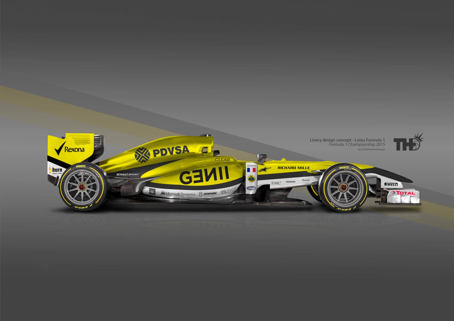 An F1 2015 race car in yellow and gray livery, showcased as an HD desktop wallpaper and background.