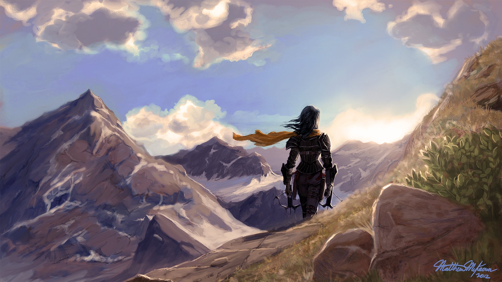 Diablo III Demon Hunter from the video game stands on a rocky ridge, cloak billowing, overlooking a sunlit mountain valley — HD PC desktop wallpaper/background.