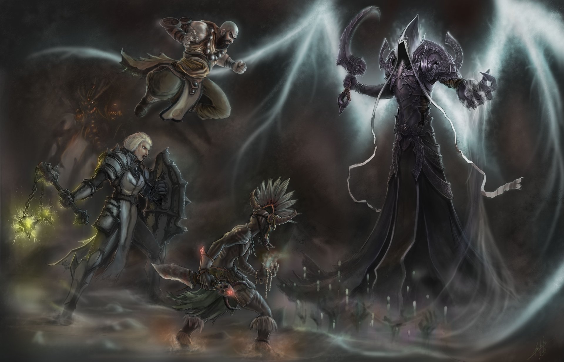 Download Monk (Diablo III) Witch Doctor (Diablo III) Crusader (Diablo III) Malthael (Diablo III) Diablo Video Game Diablo III: Reaper Of Souls 8k Ultra HD Wallpaper by Nelson Oshika Jr.