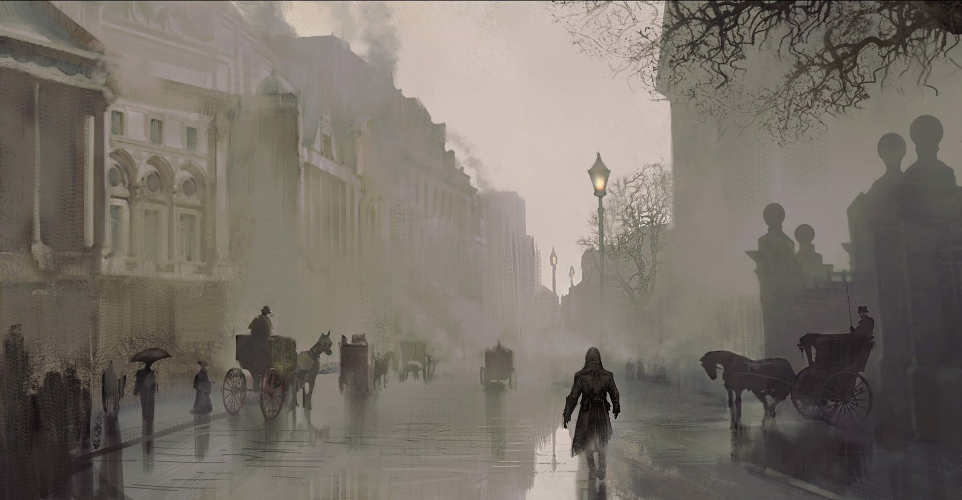 HD PC desktop wallpaper featuring a foggy London street scene from the video game Assassin's Creed: Syndicate with a lone hooded figure walking among carriages and pedestrians.