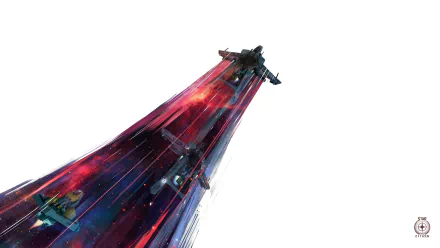 HD wallpaper featuring a sleek spaceship from Star Citizen, illuminated with vibrant red and blue hues against a white background.