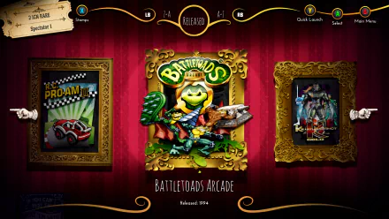 HD desktop wallpaper featuring the Rare Replay collection with Battletoads Arcade centerpiece and game frames on the sides.