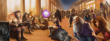 An HD desktop wallpaper featuring characters from Diablo III, including Tyrael, Leah, Deckard Cain, and various classes like the Wizard and Barbarian, amidst a vibrant, dynamic scene.