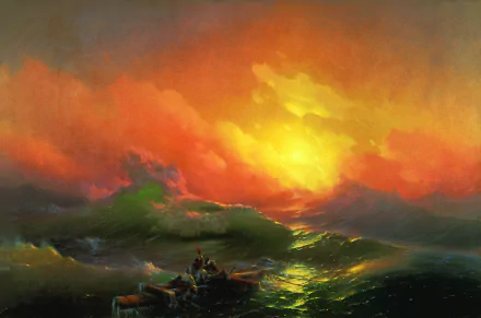 HD desktop wallpaper featuring an artistic painting of a dramatic ocean wave under a vibrant sunset, with intense colors of orange, yellow, and green blending together.