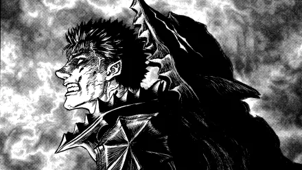 HD anime desktop wallpaper featuring Guts from Berserk in a dramatic black and white style, capturing his intense expression and iconic armor.