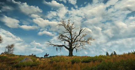 A haunting scene from The Witcher 3: Wild Hunt features a stark, leafless tree against a dramatic sky, with a lone horseman in the background, capturing the game's dark, immersive atmosphere.