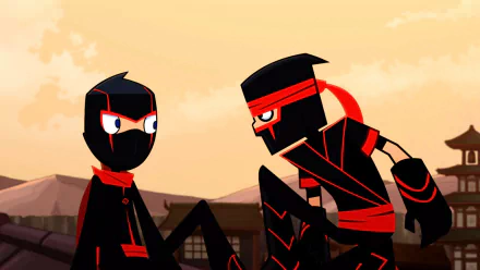 Cartoon-style HD desktop wallpaper featuring ninjas from the Disney TV show Randy Cunningham: 9th Grade Ninja in a dynamic sunset scene.