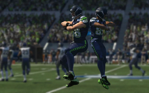 HD wallpaper from Madden NFL 16 featuring two virtual football players celebrating on the field with a stadium audience in the background.