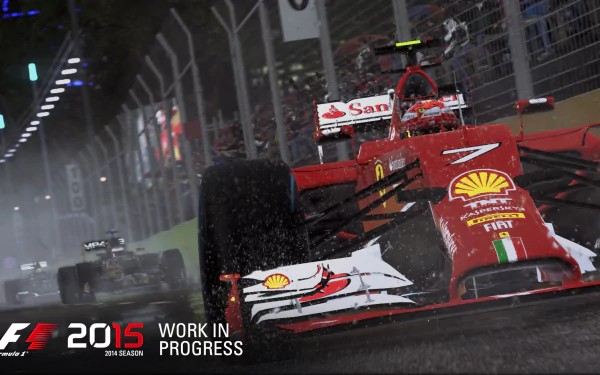 HD wallpaper featuring a dynamic scene from the F1 2015 season with a Ferrari racing under wet conditions, marked as Work in Progress.