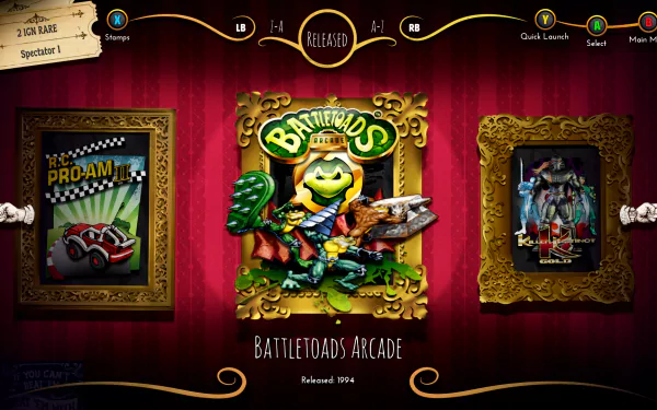 HD desktop wallpaper featuring the Rare Replay collection with Battletoads Arcade centerpiece and game frames on the sides.