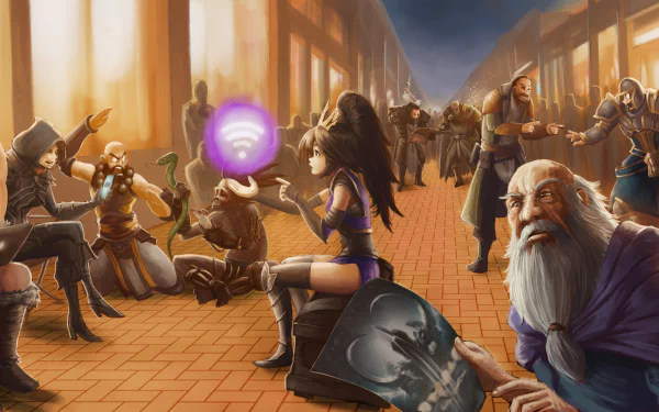 An HD desktop wallpaper featuring characters from Diablo III, including Tyrael, Leah, Deckard Cain, and various classes like the Wizard and Barbarian, amidst a vibrant, dynamic scene.