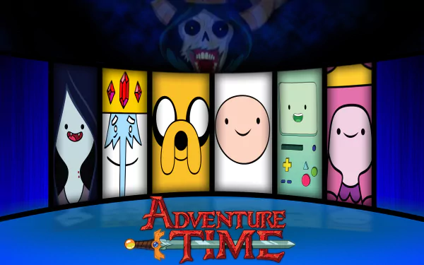 4K Ultra HD Adventure Time TV show wallpaper featuring key characters displayed in vertical panels against a dark blue background with the show's logo below.