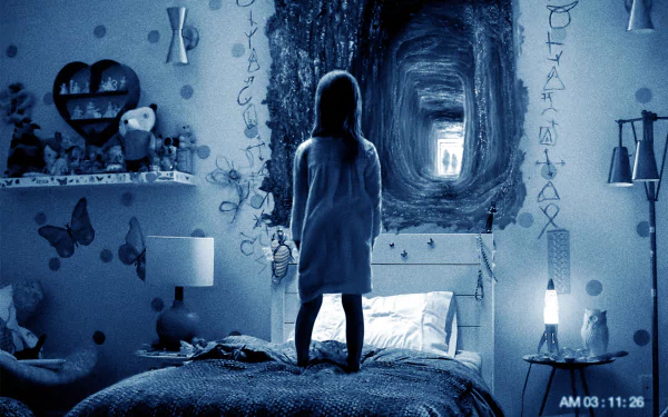 A chilling HD PC desktop wallpaper featuring a scene from Paranormal Activity: The Ghost Dimension, with a girl facing a glowing, eerie portal in a dimly lit bedroom.