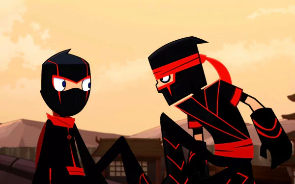 Cartoon-style HD desktop wallpaper featuring ninjas from the Disney TV show Randy Cunningham: 9th Grade Ninja in a dynamic sunset scene.