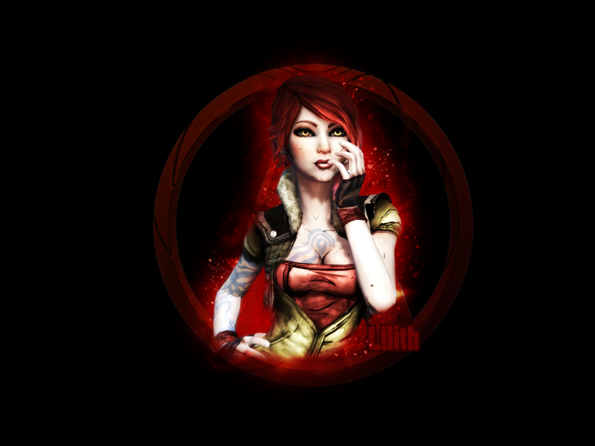 HD PC desktop wallpaper featuring Lilith from the Borderlands video game, depicted with red hair and glowing eyes against a dark circular background.
