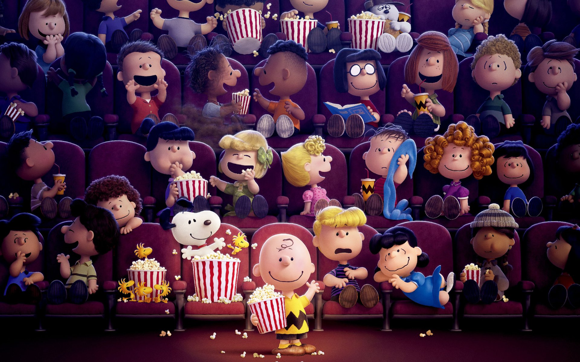 A colorful scene from The Peanuts Movie shows Charlie Brown and friends enjoying a movie in a vibrant theater, filled with excited characters and popcorn. HD wallpaper for fans.