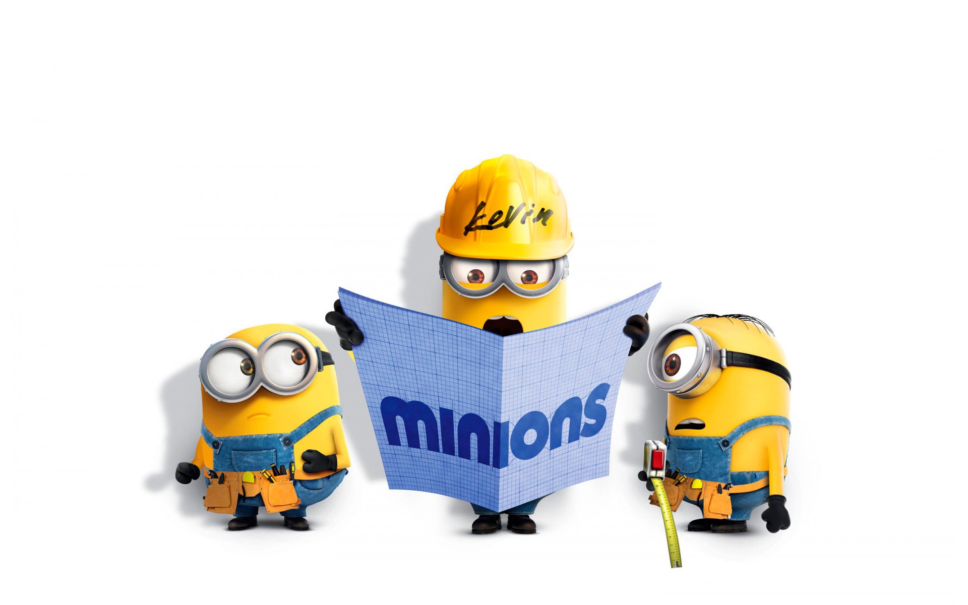 HD desktop wallpaper featuring Minions characters Bob, Kevin, and Stuart from the movie Minions. Kevin is holding a blueprint labeled Minions, while Bob and Stuart stand on either side.