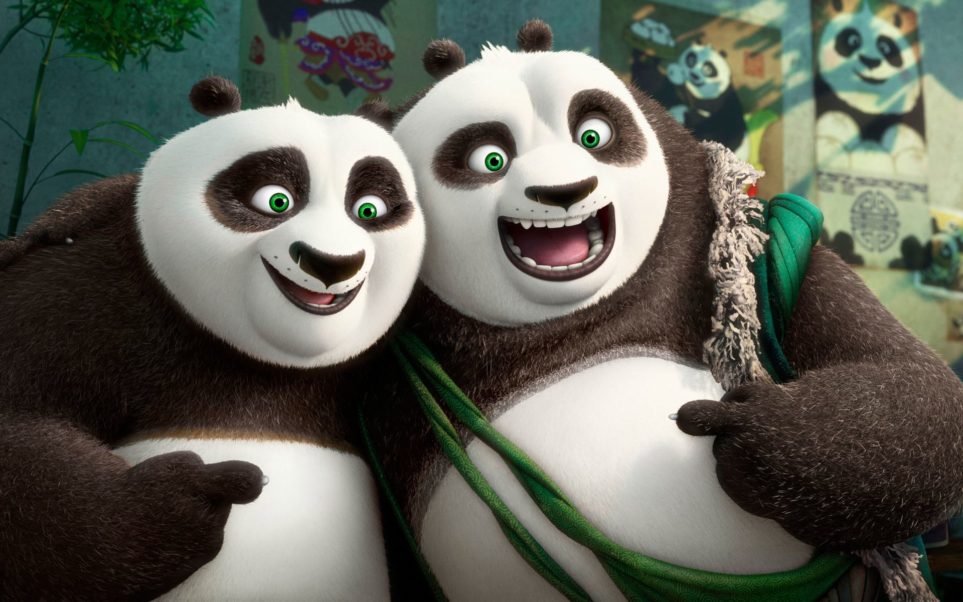 HD desktop wallpaper featuring Li and Po from the movie Kung Fu Panda 3, showcasing their cheerful expressions.