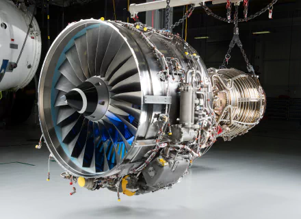 4K Ultra HD image of a man-made jet engine suspended in a workshop, showcasing intricate mechanical components and turbine blades in sharp detail.