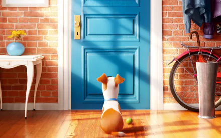 Max from *The Secret Life of Pets* sits patiently in front of a blue door, sunlight streaming in, surrounded by homey details like a bicycle and a cheerful flower vase.