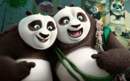 HD desktop wallpaper featuring Li and Po from the movie Kung Fu Panda 3, showcasing their cheerful expressions.