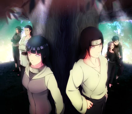 HD wallpaper featuring Hinata Hyuga and Neji Hyūga from Naruto, set against a mystical background with silhouettes of other characters, blending vibrant colors and dynamic poses.