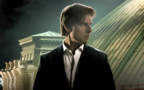 A dramatic HD wallpaper featuring Tom Cruise as he appears in *Mission: Impossible - Rogue Nation*, set against an elegant architectural backdrop.