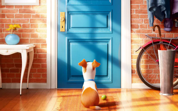 Max from *The Secret Life of Pets* sits patiently in front of a blue door, sunlight streaming in, surrounded by homey details like a bicycle and a cheerful flower vase.