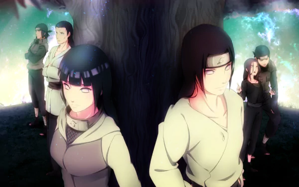 HD wallpaper featuring Hinata Hyuga and Neji Hyūga from Naruto, set against a mystical background with silhouettes of other characters, blending vibrant colors and dynamic poses.