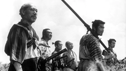 Black-and-white HD desktop wallpaper featuring the iconic samurai from the classic movie Seven Samurai, standing together with determined expressions.