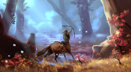 A 4K Ultra HD fantasy wallpaper featuring a centaur archer poised in a mystical forest with vibrant foliage and glowing butterflies.