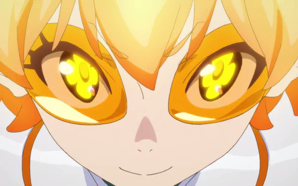 Close-up of Mikatan Narugino from Punch Line with glowing golden eyes and a mischievous smile — HD PC desktop wallpaper/background.