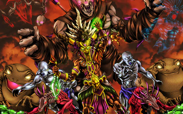 Witch Doctor (Diablo III) video game 2K Quad HD PC wallpaper: tribal sorcerer in ornate mask commanding frog-like and skull minions amid a fiery demonic backdrop.