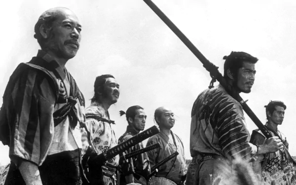 Black-and-white HD desktop wallpaper featuring the iconic samurai from the classic movie Seven Samurai, standing together with determined expressions.