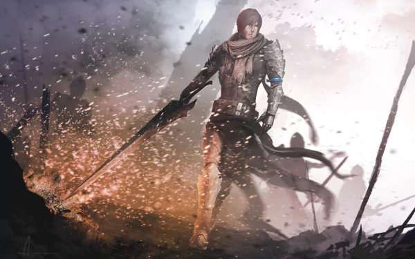A fierce fantasy warrior stands confidently amidst swirling dust and sparks, wielding a large sword. This high-definition image serves as a striking desktop wallpaper and background.