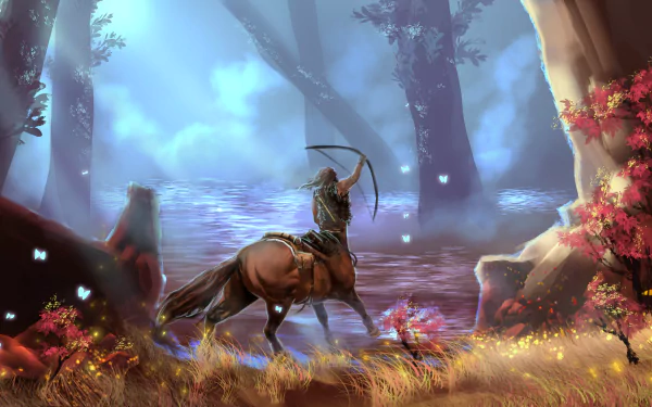 A 4K Ultra HD fantasy wallpaper featuring a centaur archer poised in a mystical forest with vibrant foliage and glowing butterflies.