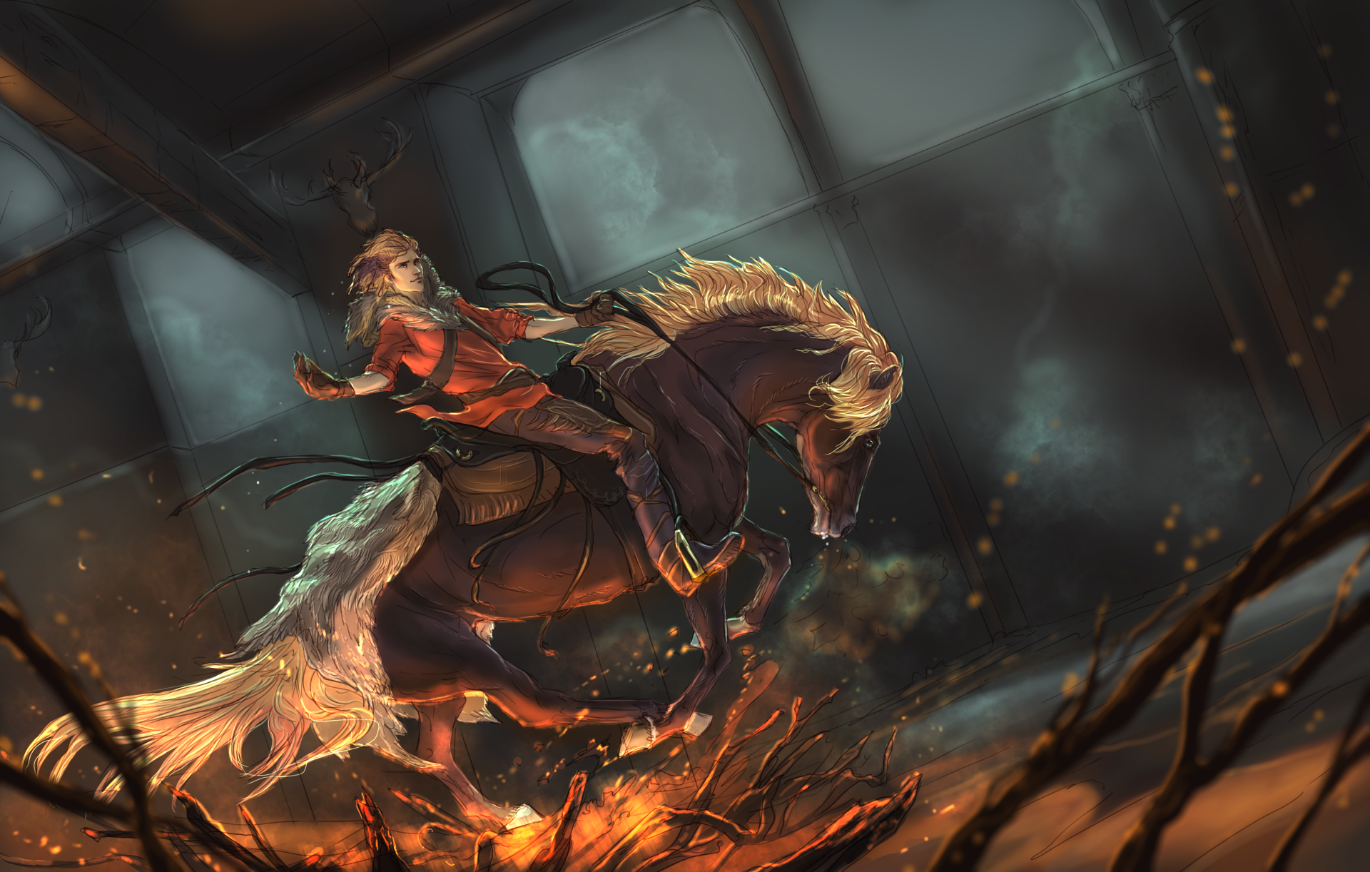 A dynamic fantasy scene featuring a fiery-haired rider galloping on a majestic horse, rendered in stunning 4K Ultra HD for PC desktop wallpaper.