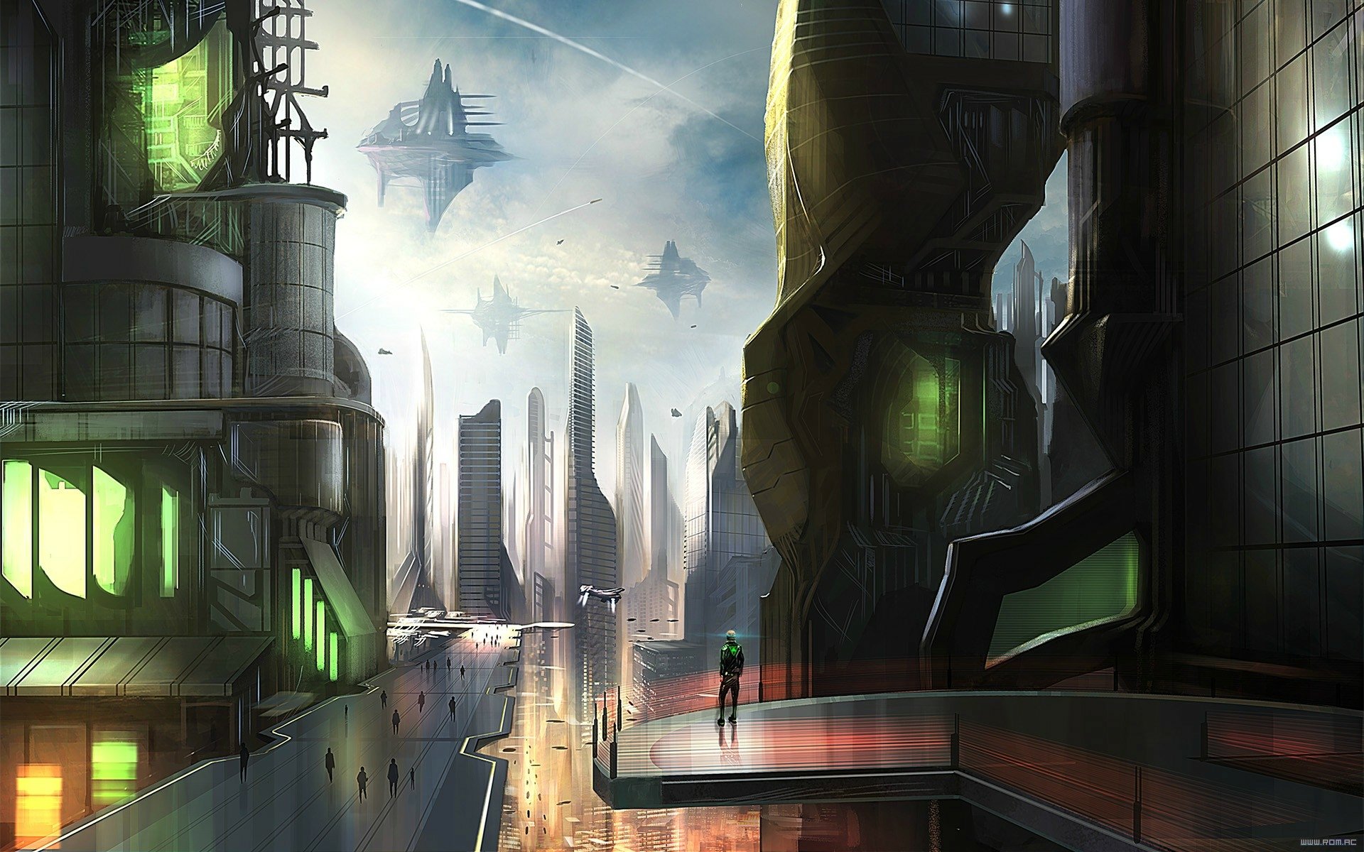 Neon Spires: Futuristic Sci-Fi City HD Wallpaper by Vitaly S. Alexius, image size:1920x1200