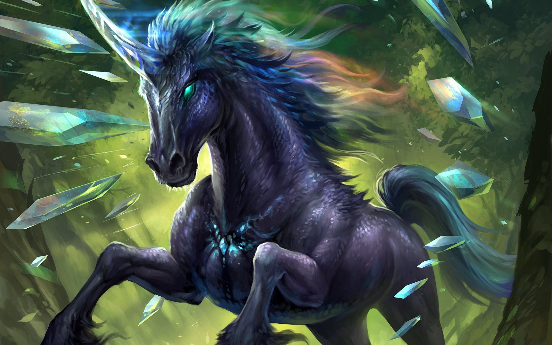 HD fantasy wallpaper featuring a majestic unicorn with glowing eyes, surrounded by floating crystals in an enchanted forest.