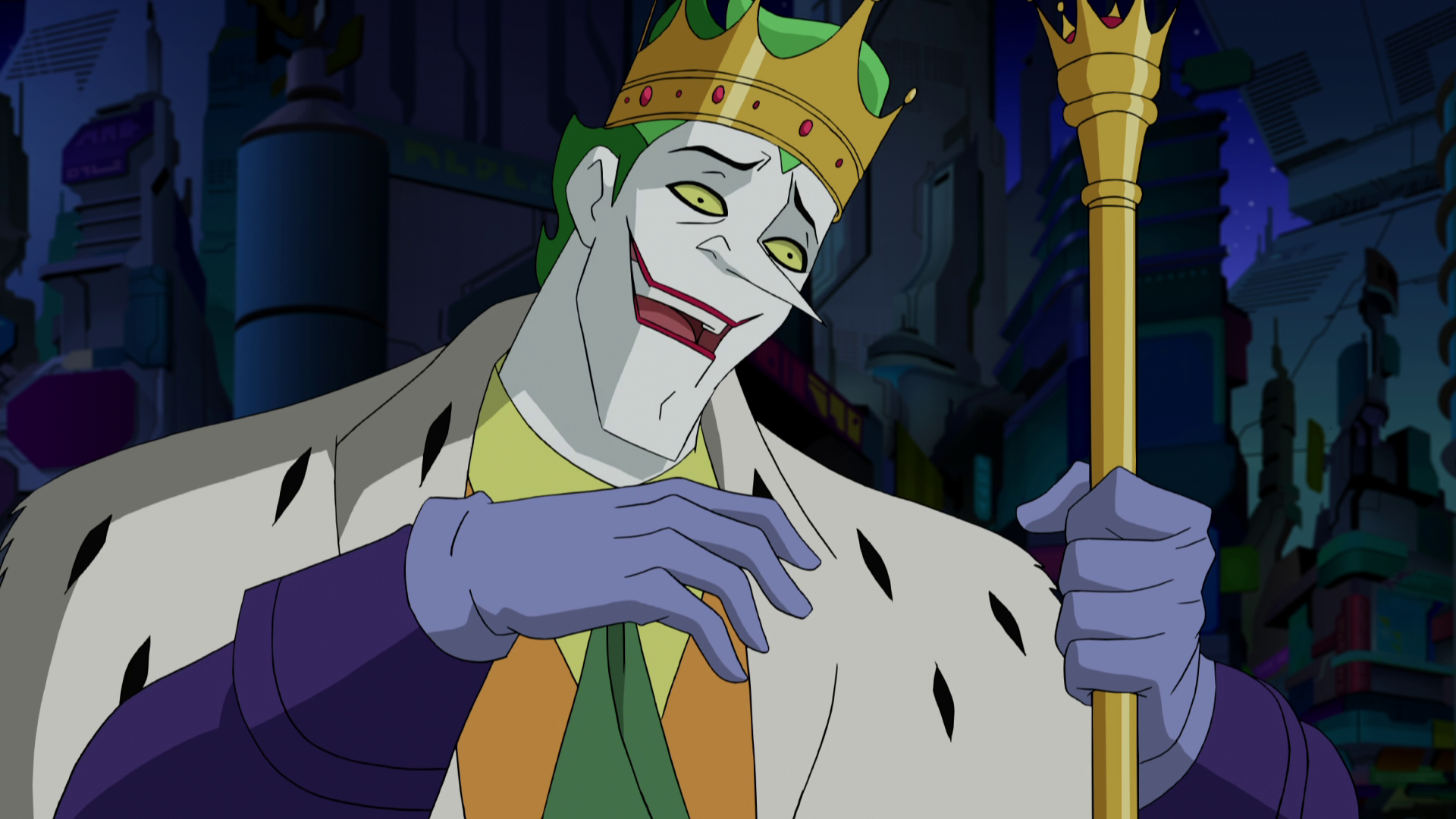 HD PC desktop wallpaper featuring the Joker wearing a crown and royal robe from DC Comics' Batman Unlimited: Monster Mayhem movie.