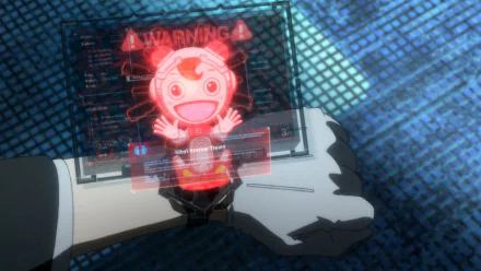 HD PC desktop wallpaper from Psycho-Pass Movie: a wristwatch projects a red holographic Sibyl mascot with a WARNING banner over a futuristic anime background (Sibyl, Psycho-Pass).